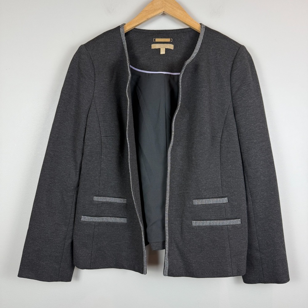 Talbots Tipped‎ Jacket Women's 14P Charcoal Houndstooth Trim Luxe Knit Open Work